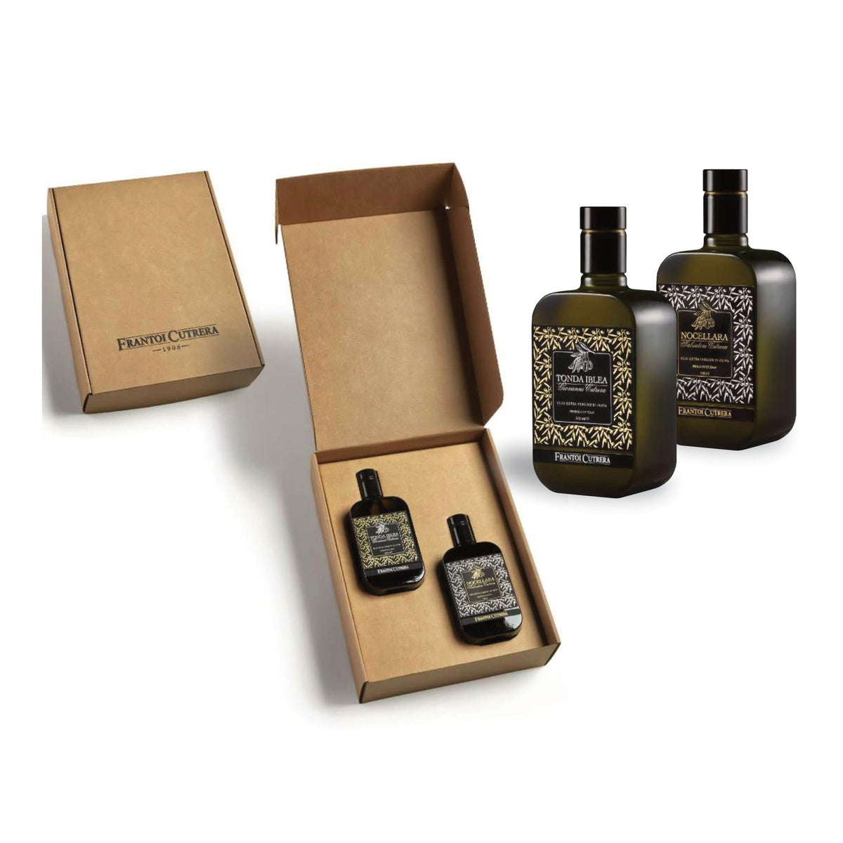 Box Frantoi Cutrera con oli monocultivar Tonda Iblea e Nocellara del Belice