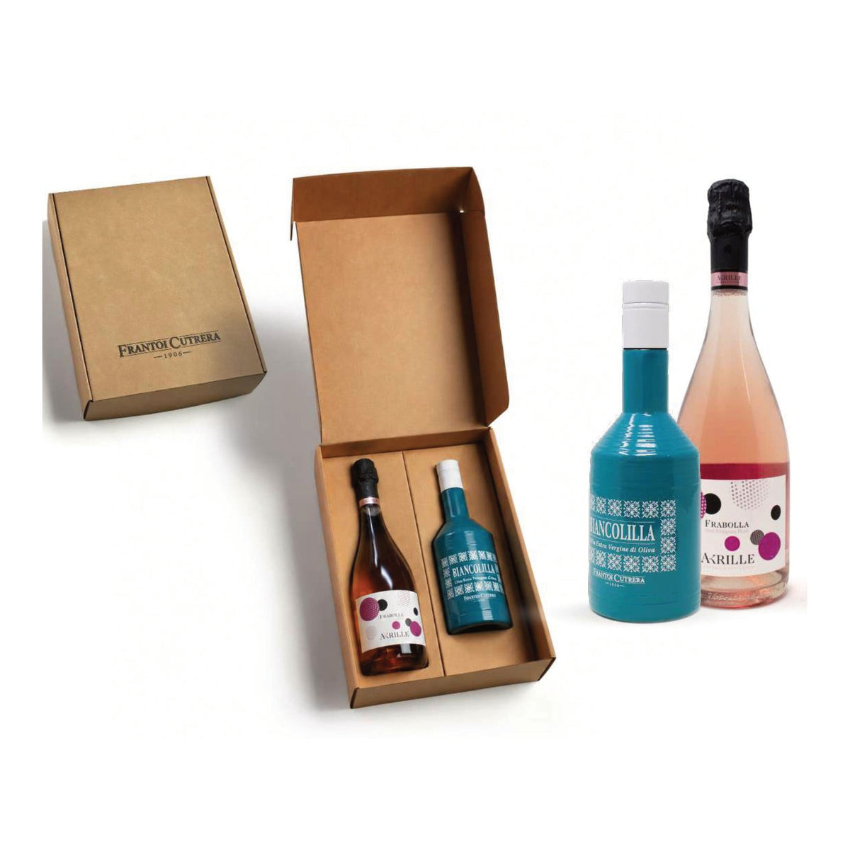 Box Frantoi Cutrera con olio Biancolilla Serenity e Frabolla Frappato Brut Rosè