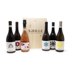 Scatola in legno Akrille Cutrera Bastianich con sei bottiglie di vino