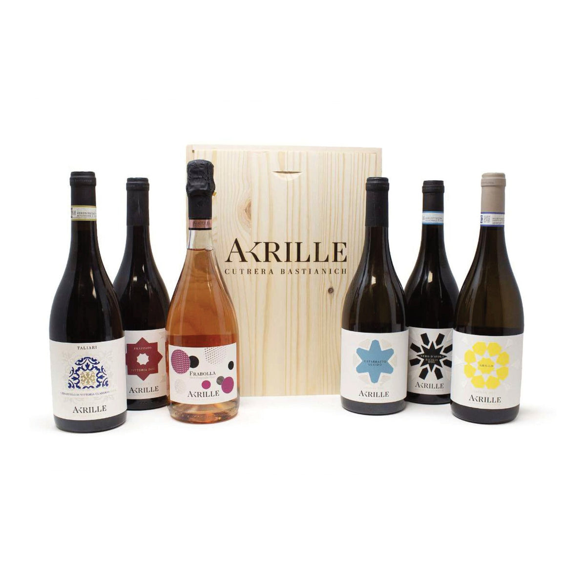 Scatola in legno Akrille Cutrera Bastianich con sei bottiglie di vino