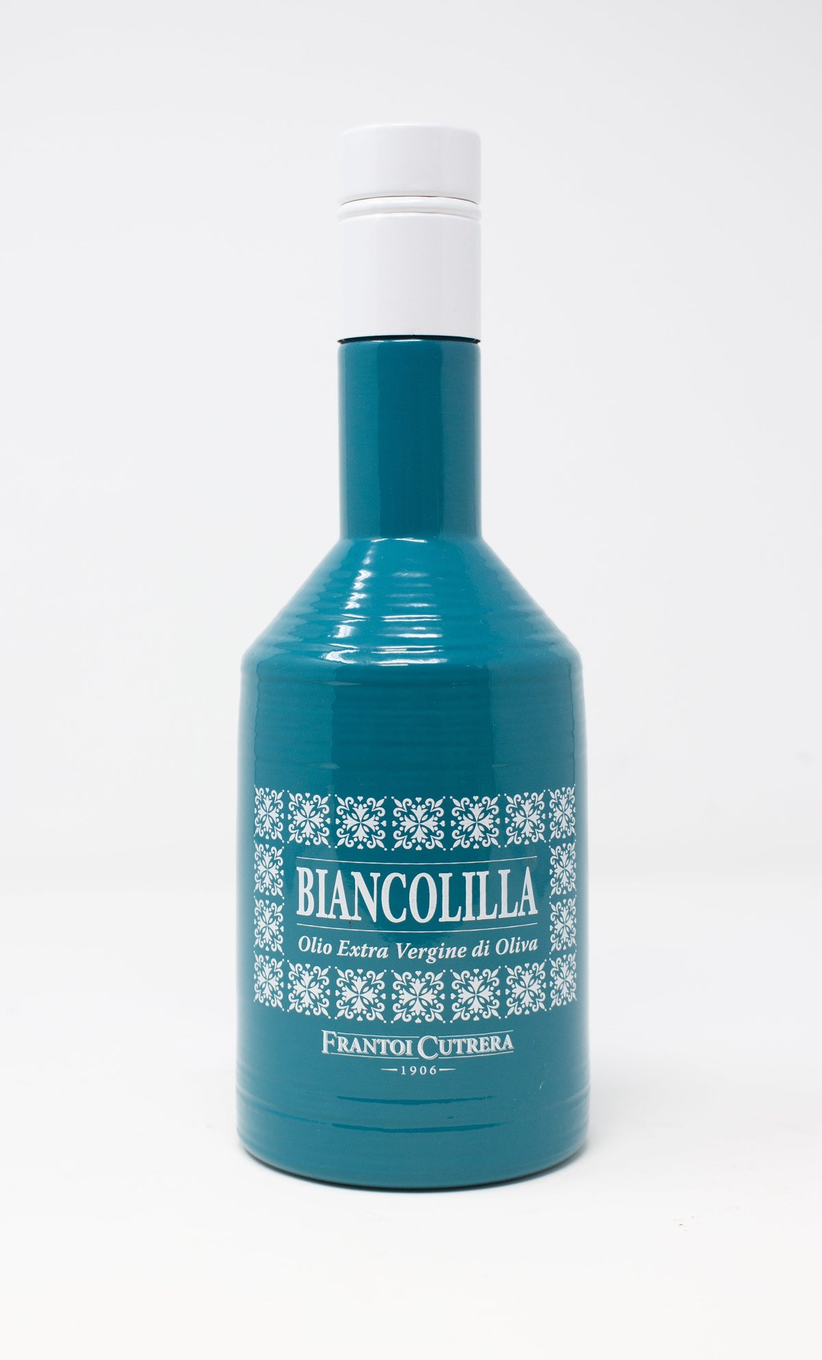 Biancolilla Argila Serenity Blu — olio extravergine di oliva Frantoi Cutrera nella bottiglia azzurra decorata a maioliche, 0,50 l