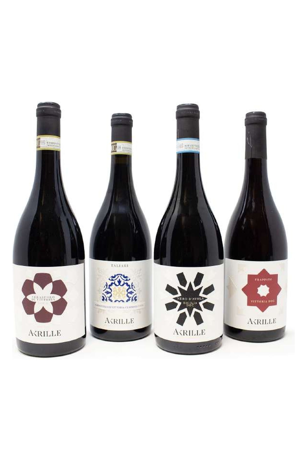 Box Degustazione Akrille: le quattro bottiglie di vino rosso siciliano Cerasuolo di Vittoria DOCG, Cerasuolo di Vittoria Classico Taliari, Nero d'Avola DOC e Vittoria DOC Frappato
