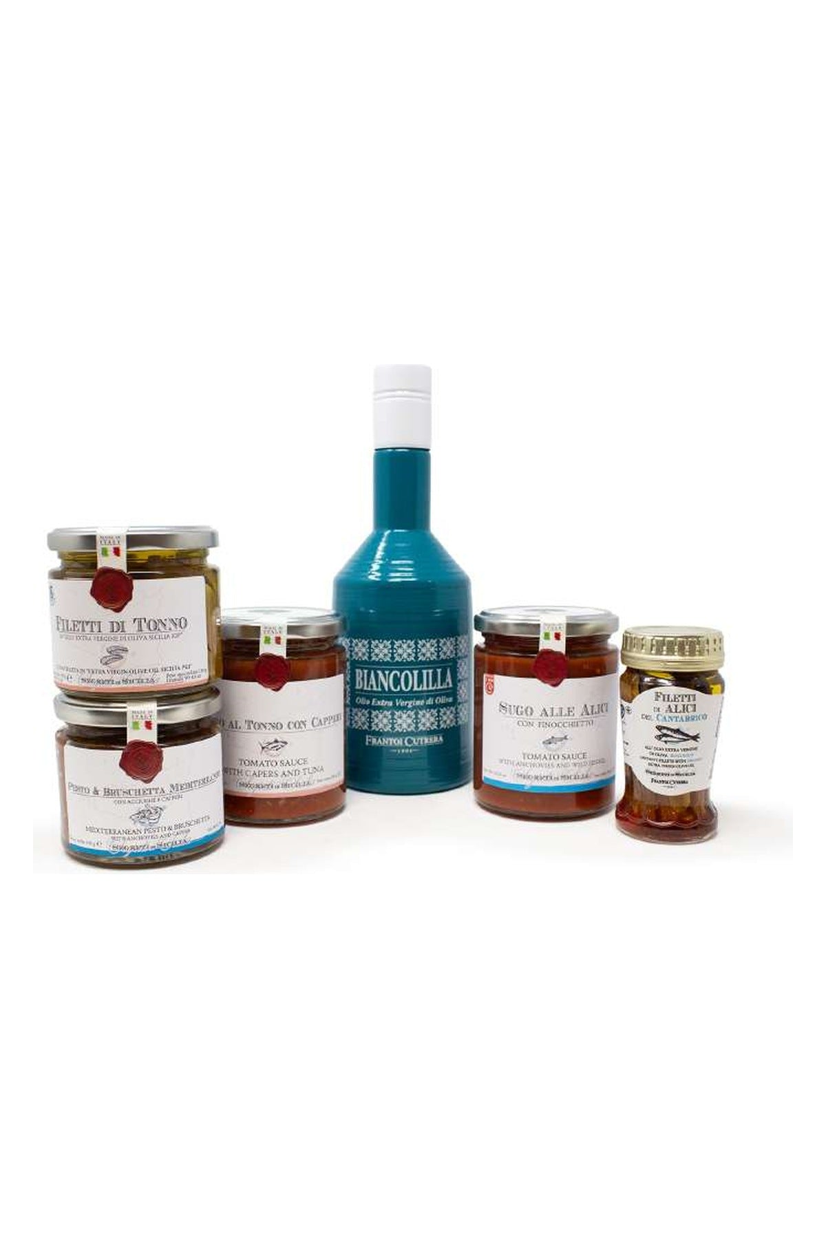 Box Mare Frantoi Cutrera: filetti di tonno e di alici del Cantabrico, sugo al tonno con capperi, sugo alle alici con finocchietto, pesto mediterraneo e olio Biancolilla Argila Serenity Blu