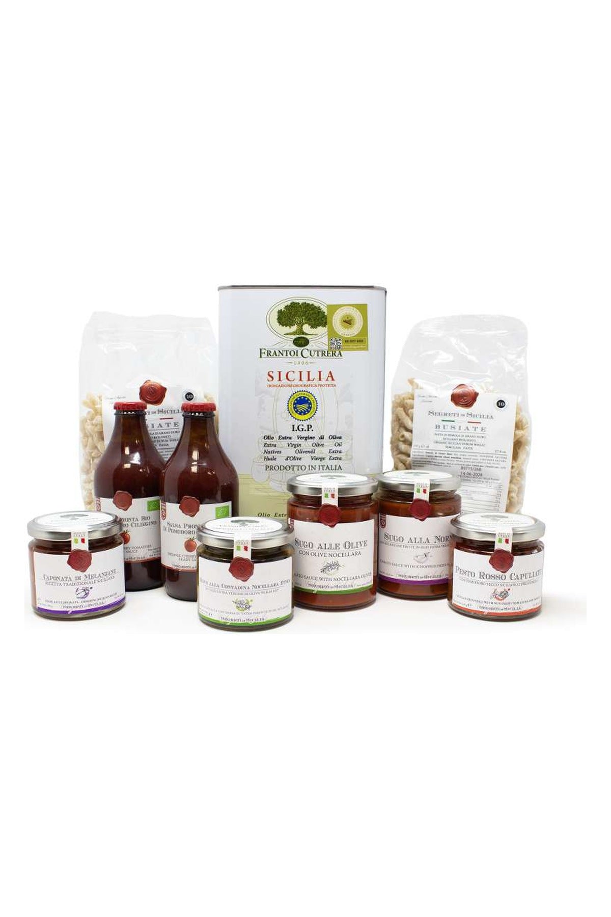 Box Pranzo Siciliano Frantoi Cutrera: latta di olio IGP Sicilia da 3 litri, busiate, salsa di pomodoro ciliegino, sughi, caponata di melanzane, olive alla contadina e pesto rosso capuliatu