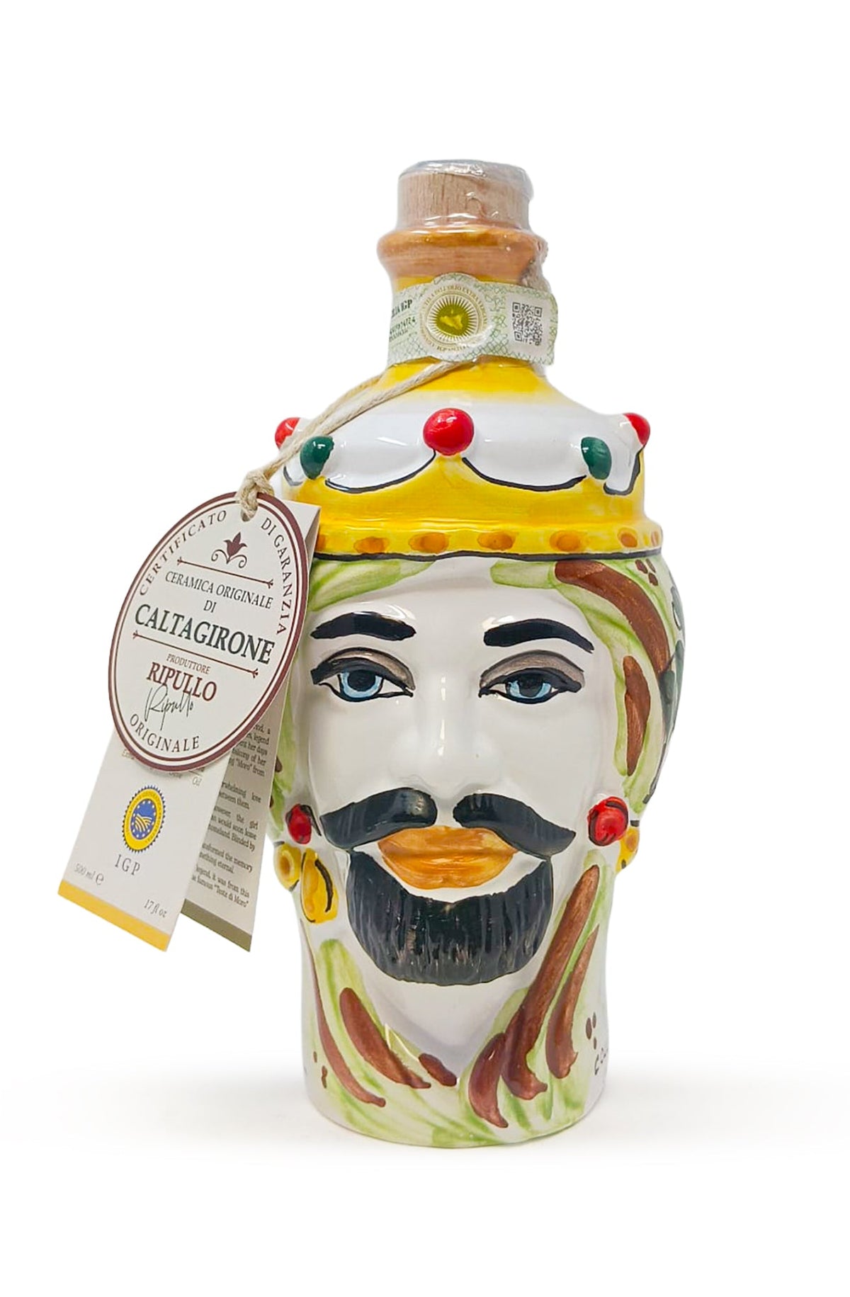 Testa di Moro in ceramica di Caltagirone con olio extravergine di oliva IGP Sicilia da 0,50 l, con certificato di garanzia