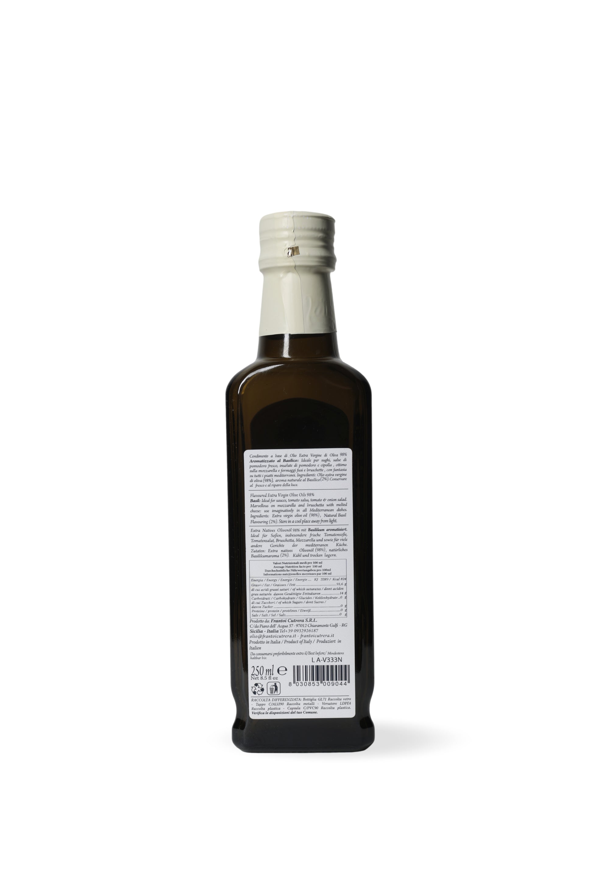 Condimento a base di olio extra vergine di oliva 98% aromatizzato al basilico - FRANTOI CUTRERA