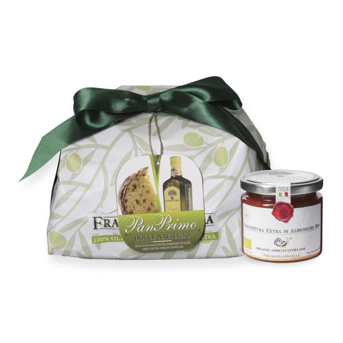 Dolce natalizio PanPrimo incartato con fiocco verde e vasetto di confettura extra di albicocche BIO