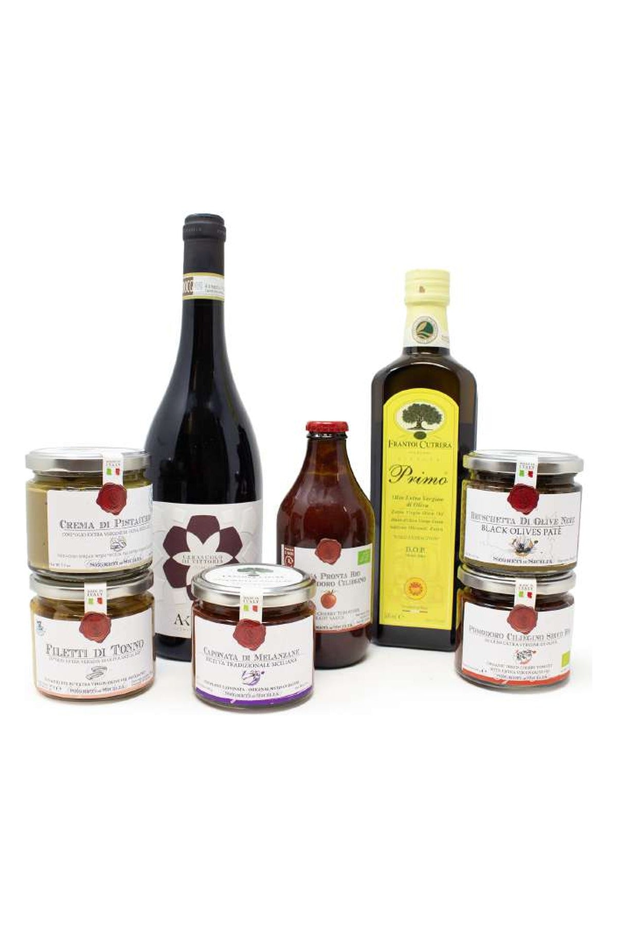 Box Selezione Cutrera: olio Primo DOP, Cerasuolo di Vittoria DOCG Akrille, filetti di tonno, crema di pistacchio, caponata di melanzane, bruschetta di olive nere e salsa pronta di pomodoro ciliegino