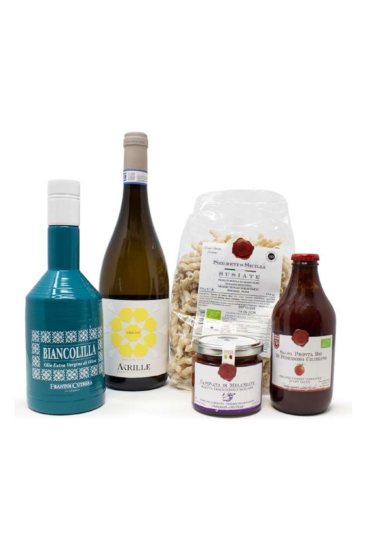 Box Sicilia da scoprire: bottiglia di olio Biancolilla Argila Serenity Blu, vino Grillo Akrille, busiate, caponata di melanzane e salsa pronta di pomodoro ciliegino