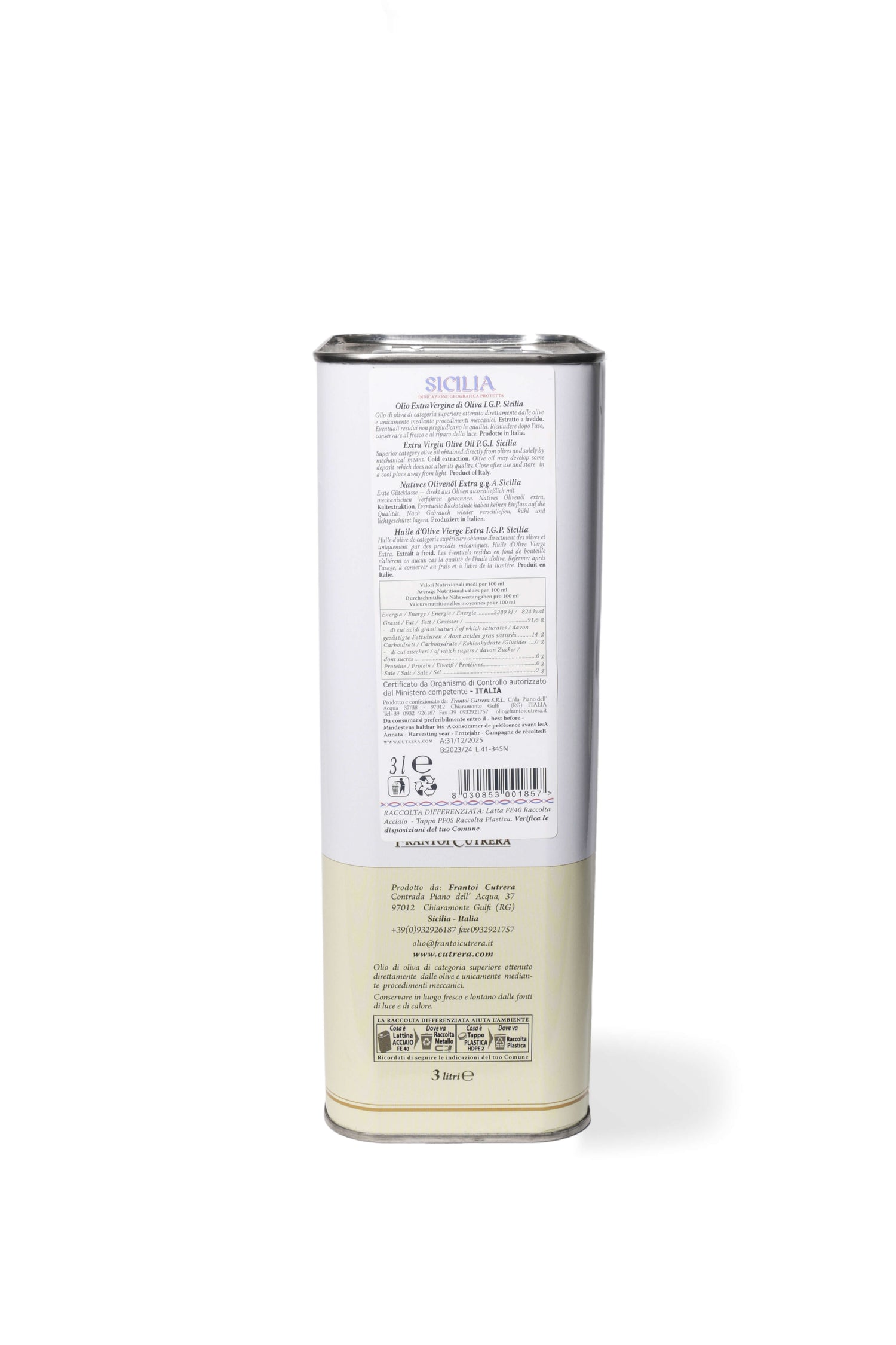 Cutrera IGP Sicilia - Olio Extravergine di Oliva Siciliano - Latta - FRANTOI CUTRERA